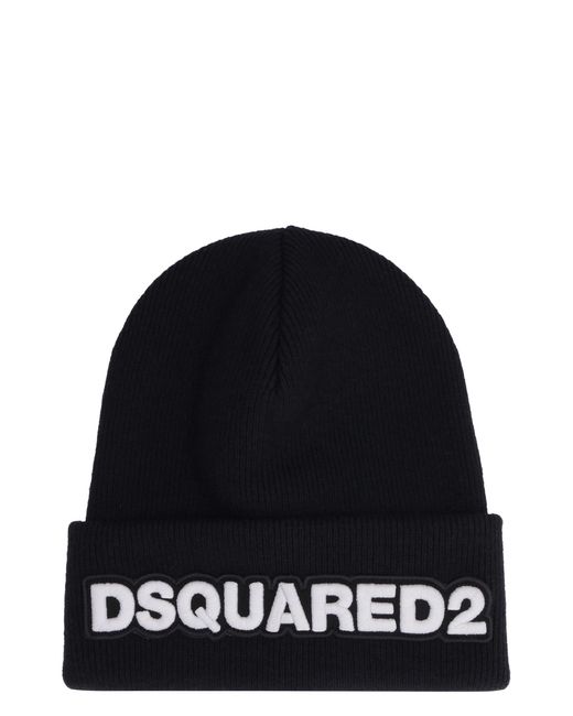 DSquared² Black Ribbed Wool Beanie Hat for men