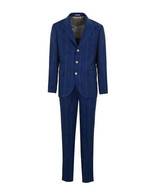 Brunello Cucinelli Blue Pinstriped Linen Suit for men