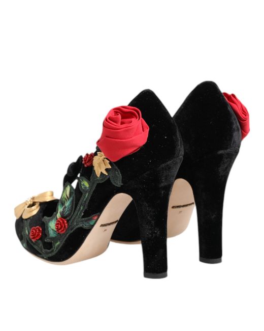 Dolce & Gabbana Black Roses Crystal Brooch Mary Jane Shoes Rayon Silk