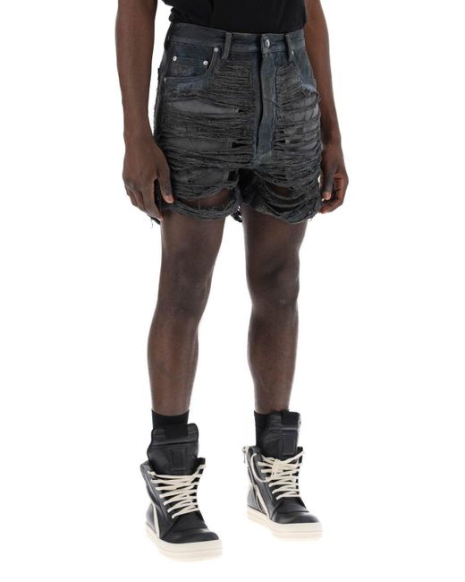 Rick Owens Black Geth Cut-Off Distressed Shorts for men