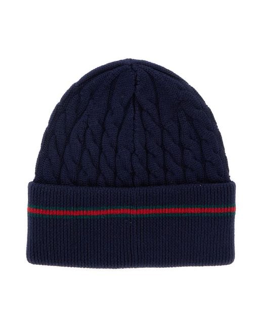 Gucci Blue Beanie With Web Detail Wool Hat for men