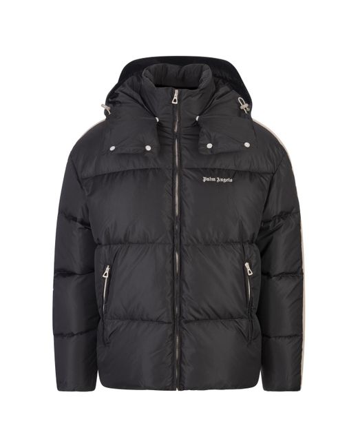 Palm Angels Black Dark Down Jacket With Logo And Contrast Bands for men