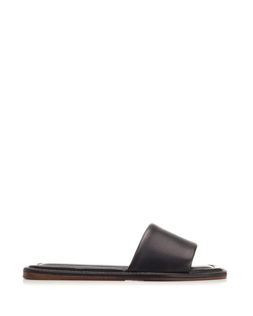 Brunello Cucinelli White Low Band Sandal In Black Leather