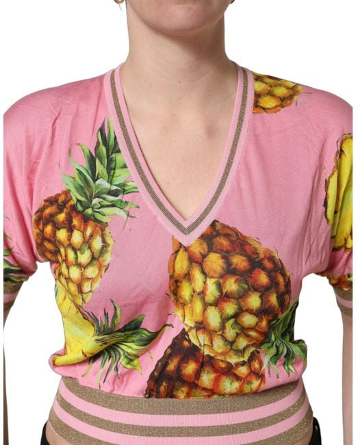 Dolce & Gabbana Black Pink Pineapple Vneck Short Sleeve Cropped Top