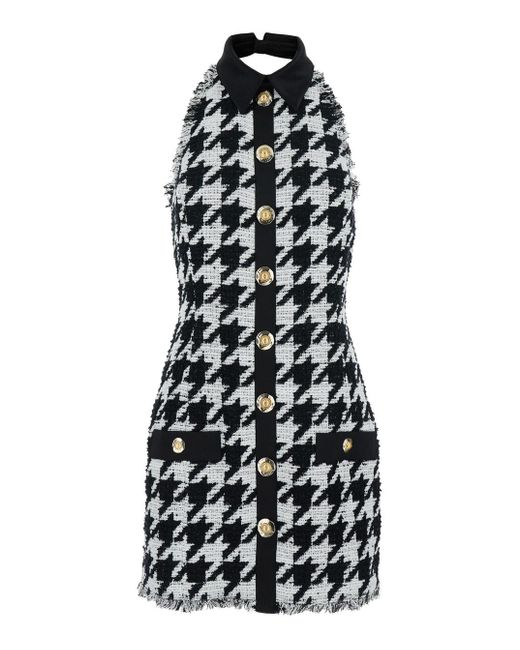 Balmain White Buttoned Halterneck Tweed & Satin Dress