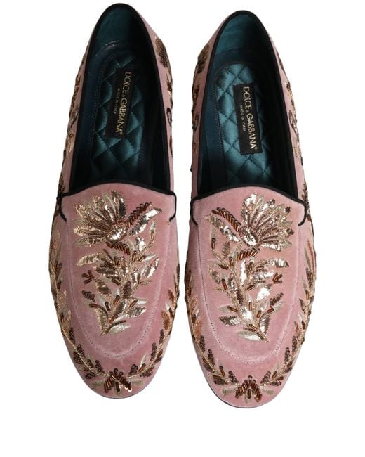 Dolce & Gabbana Pink Velvet Floral Embroidery Loafers Shoes Leather for men