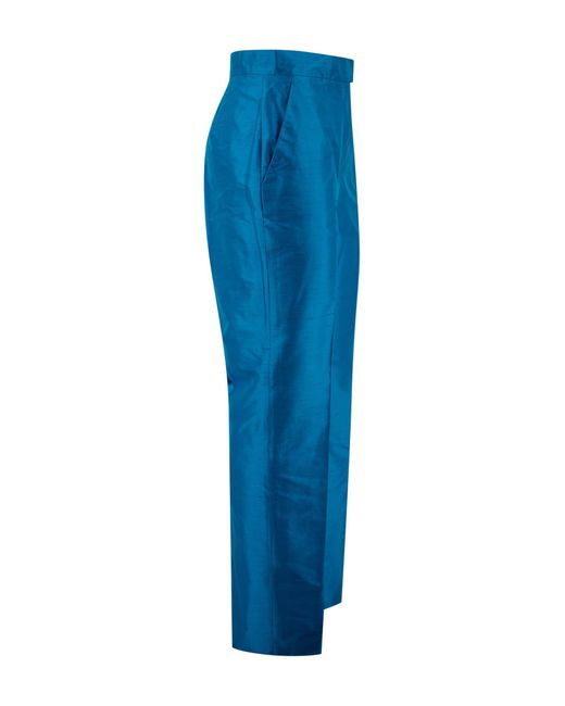 Max Mara Studio Blue Silk Shantung Straight Pants