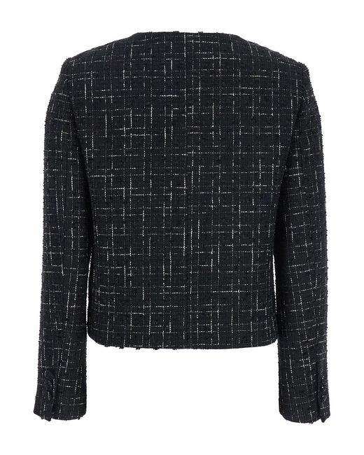 Le Plain Black Jacket With Round Neck And Front Button Closure