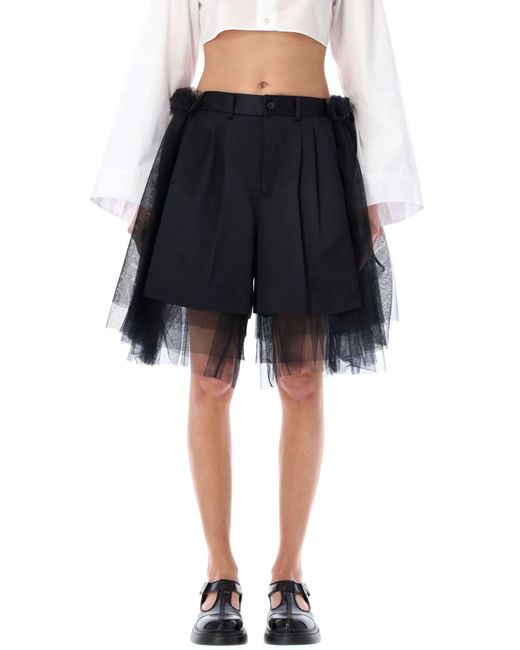 Noir Kei Ninomiya Black Tulle-Overlay Tailored Shorts