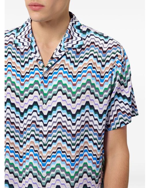 Missoni Blue Viscose Bowling Shirt With Irregular Greek-Key Zigzag Pattern for men