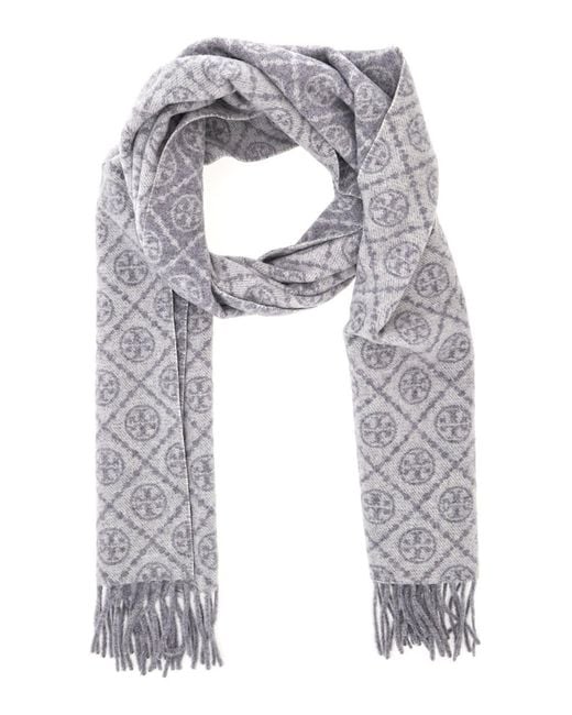 Tory Burch Gray Scarf With All-Over T Motif Monogram And Fringed Edges