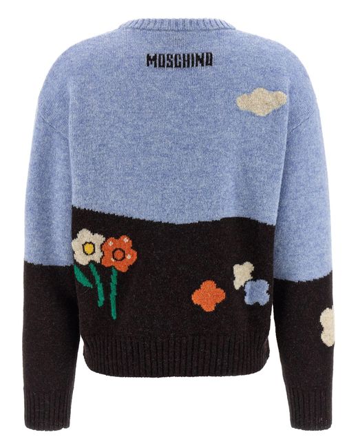 Moschino Blue Shetland Wool Sweater With Landscape Intarsia