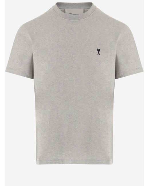 AMI Gray Cotton T-Shirt With Embroidered Logo T-Shirts for men