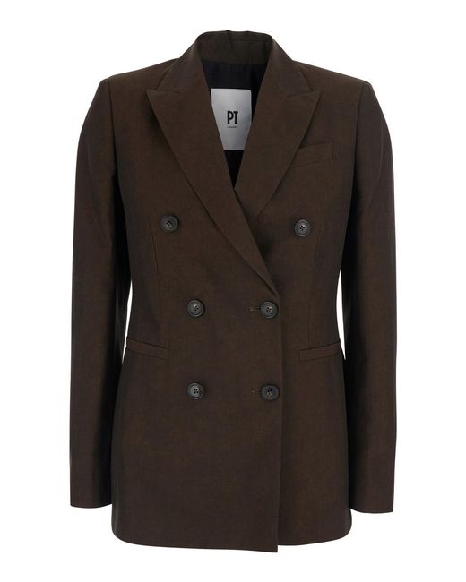 PT Torino Black Romy Linen And Cotton Fine Plain Weave Light Jacket With Front Closure Side Pockets