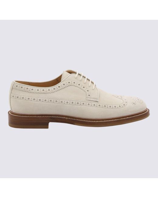 Brunello Cucinelli White Cream Suede Lace Up Shoes for men