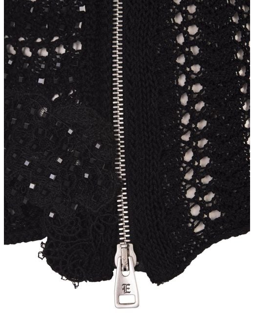 Ermanno Scervino Black Cotton Top With Lace And Crystals