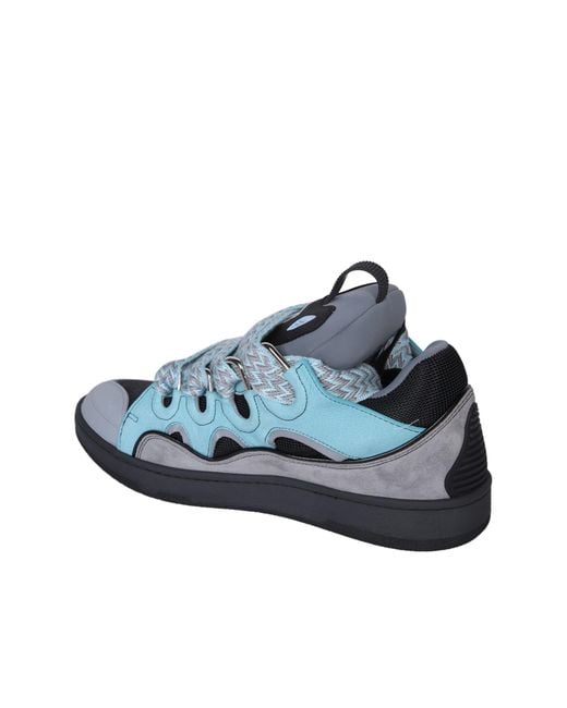 Lanvin Blue Curb -lace Leather, Suede And Mesh Trainers for men