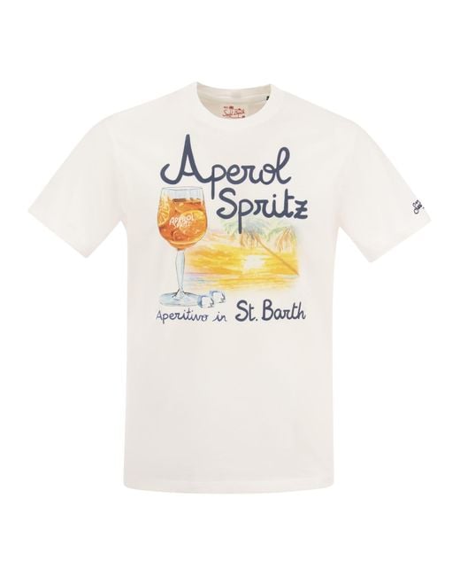 Mc2 Saint Barth White Cotton T-Shirt With Aperol Spritz Print for men