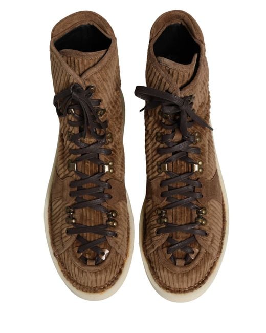 Dolce & Gabbana Brown Corduroy High Top Oxford Boots Cotton Calf Leather for men