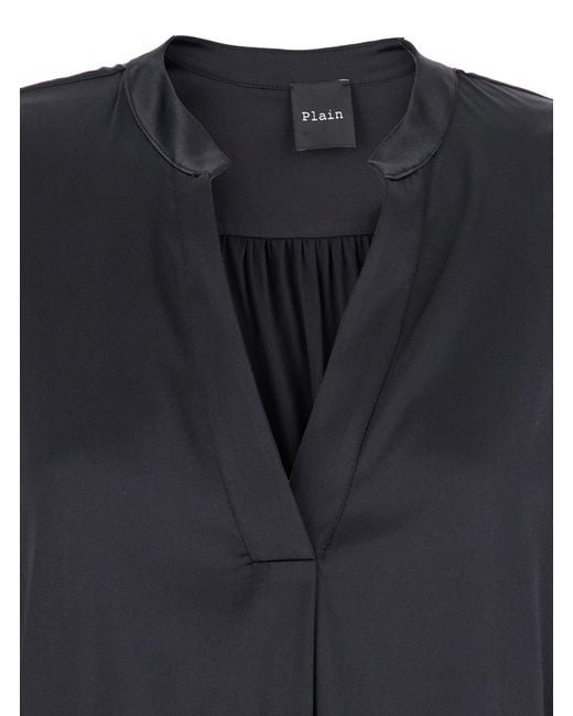 Le Plain Black Blouse With V Neck And Buttoned Cuffs