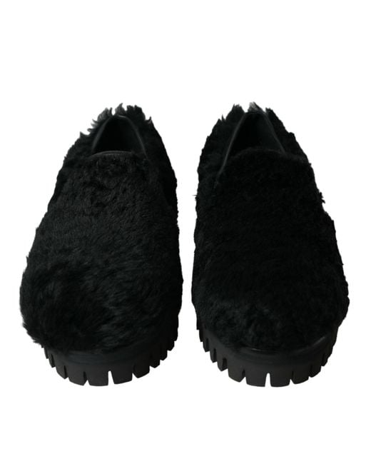 Dolce & Gabbana Black Fur Leather Slippers Dress Shoes for men