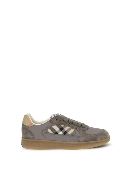 Burberry Gray Terrace Leather And Check Sneakers Tower/Sand Ip for men