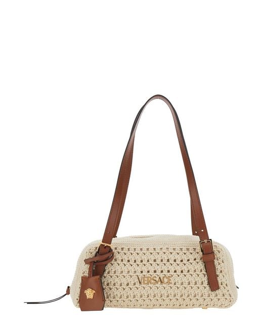 Versace Natural Raffia Mini Handbag With Versatile Details And Zip Closure