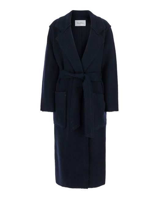 Max Mara Blue Long Coat With Belt Wool And Cashmere