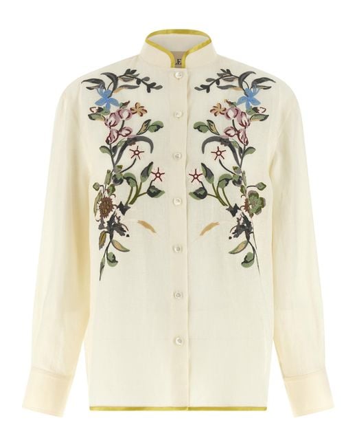 Valentino Garavani White Floral Embroidery Shirt Linen Shirt, Blouse
