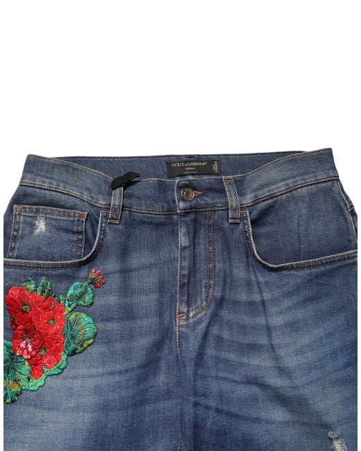 Dolce & Gabbana Blue Floral Embroidered Boyfriend Denim Jeans