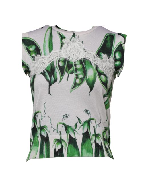 Dolce & Gabbana Green Printed Lace Trim Top