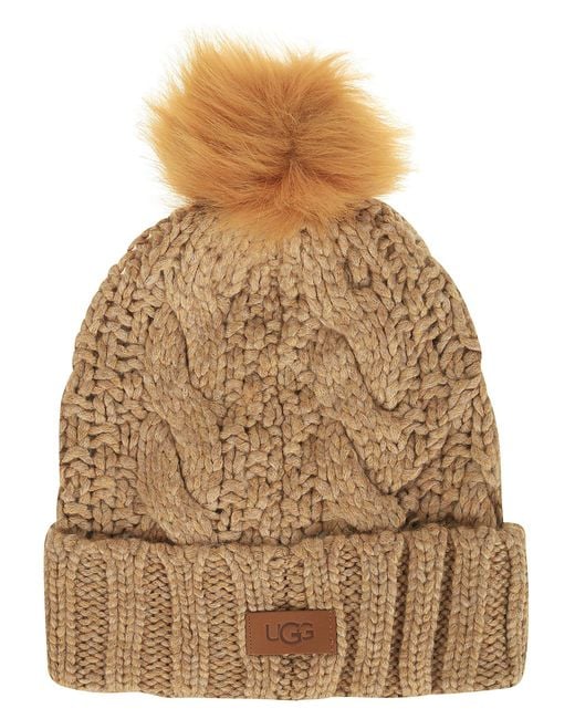UGG W Knit Cable Hat W F Fur Pom Camel in Natural | Lyst