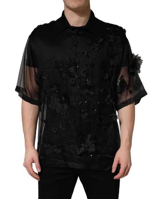 Dolce & Gabbana Black Floral Applique Sheer Short Sleeve Shirt Silk for men