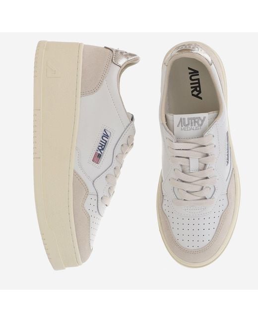 Autry White Medalist Platform Low Leather Sneakers With Suede Inserts