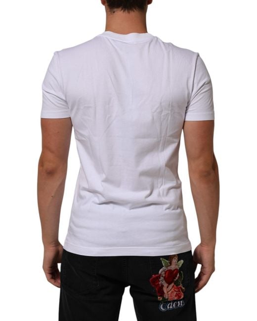Dolce & Gabbana White Cotton Logo Print Crew Neck T-Shirt for men