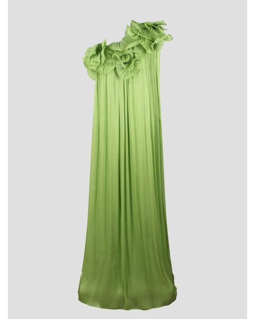 Costarellos Green Charmain Ruffled Pleated Gown