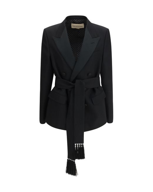 Valentino Black Double-Breasted Virgin Wool Blazer With Belt Outer: Fleece Ovis Aries Blazers E Vests for men