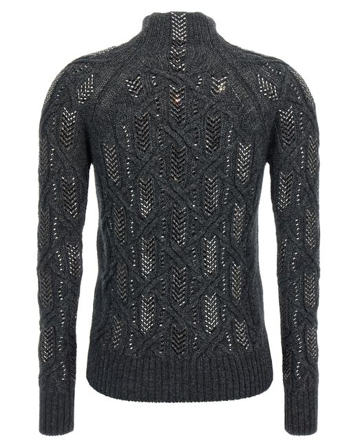 Ermanno Scervino Black Crystal Appliqué Braided Sweater With High Neckline