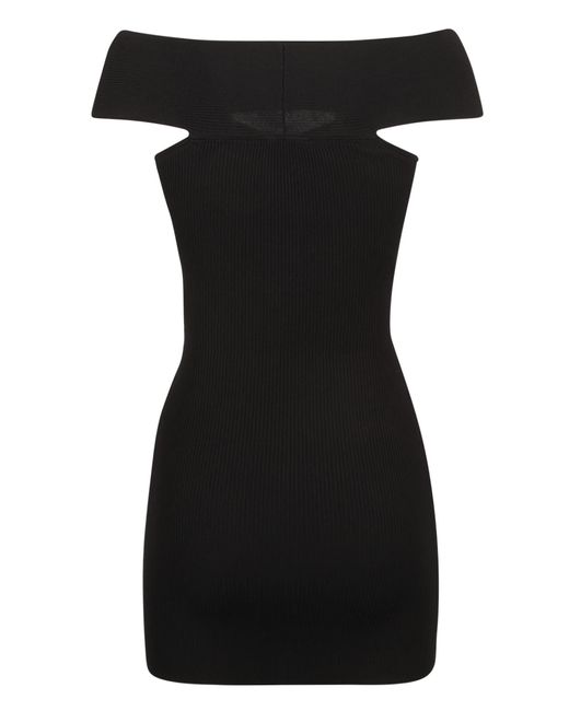 Elisabetta Franchi Black Logo Plaque Off-Shoulder Knit Mini Dress