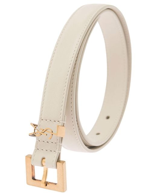 Saint Laurent White Leather Belt With Logo Buckle Calf