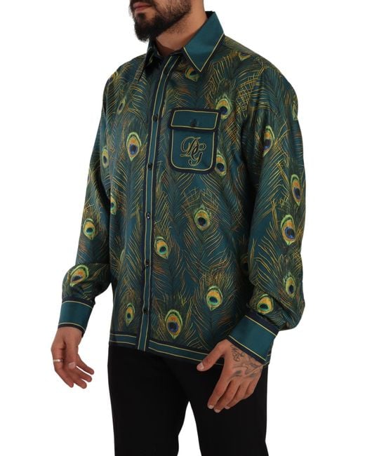 Dolce & Gabbana Green Peacock Feather Print Silk Pajama Shirt for men