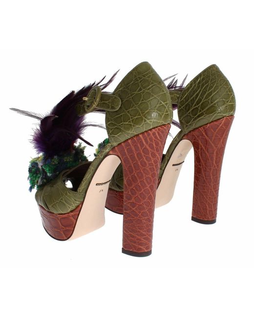 Dolce & Gabbana Green Leather Crystal Platform Sandal Shoes