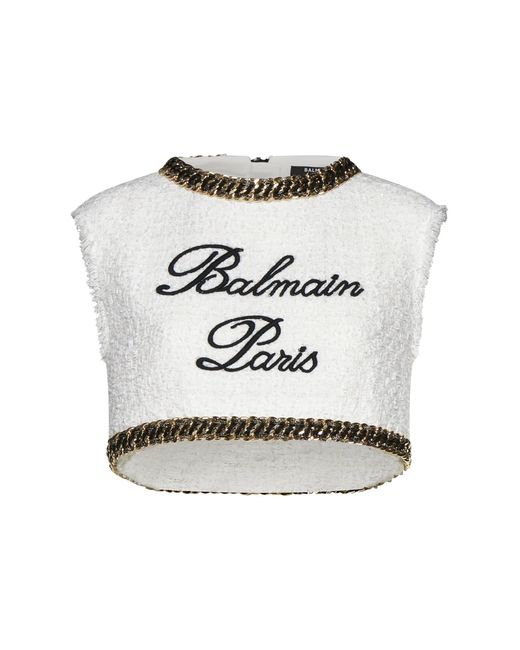 Balmain White Logo-embroidered Cropped Tweed Top