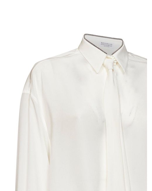 Brunello Cucinelli White Natural Crêpe De Chine Shirt With Tie And Shiny Collar