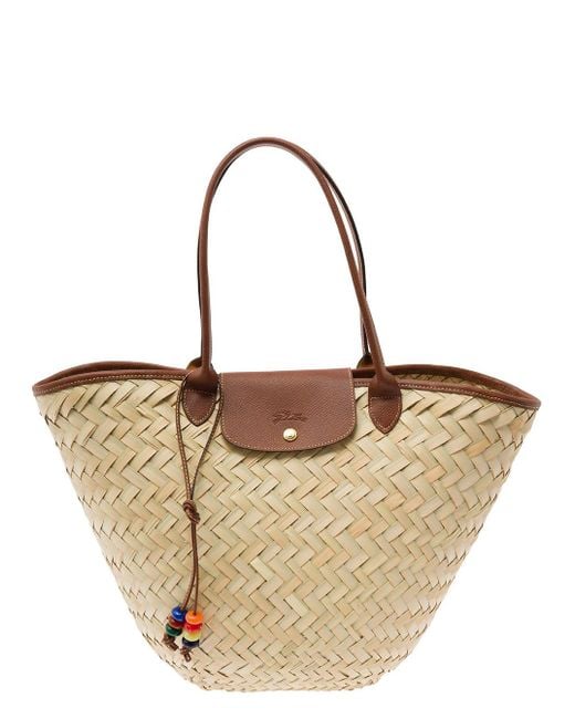 Longchamp Natural 'xl Le Panier' Beige Tote Bag With Beads Strap In Straw Woman