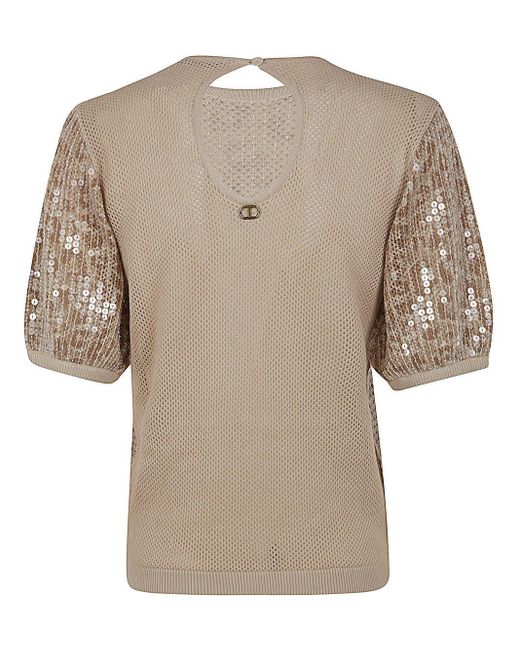 Twin Set Natural Short Sleeve Sequined Pullover