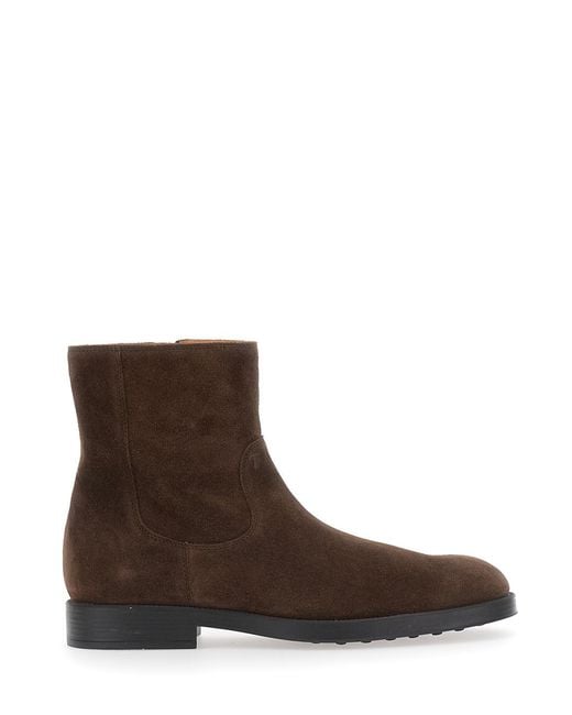 Tod's Brown Ankle Boot Camel Side Zip Rubber Sole Sheep Leather for men