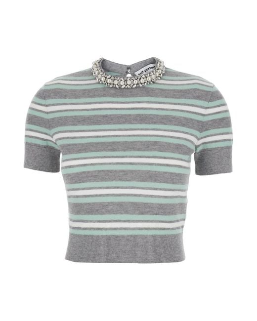 Self-Portrait Gray Cropped Top Wih Crewneck With Crystal Embellishments And All-Over Striped Motif