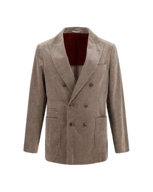 Brunello Cucinelli Gray Jacket Double-Breasted Corduroy Cotton for men