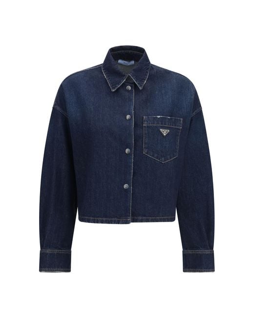 Prada Blue Denim Shirt With Logo Cotton